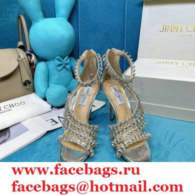 Jimmy Choo Heel 10cm Josefine Sandals Leather Silver with Crystal Embellishment 2021