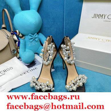 Jimmy Choo Heel 10cm Maisel Sandals Satin Black with Pearl Embellishment 2021