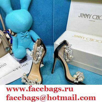 Jimmy Choo Heel 10cm Maisel Sandals Satin Black with Pearl Embellishment 2021