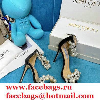 Jimmy Choo Heel 10cm Maisel Sandals Satin Black with Pearl Embellishment 2021