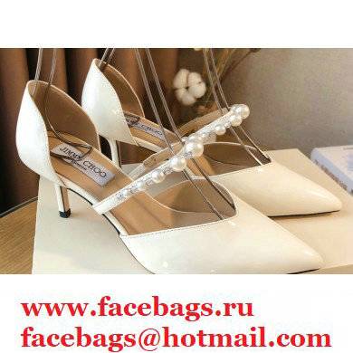 Jimmy Choo Heel 6.5cm Aurelie Pointed Pumps Patent White with Pearl Embellishment 2021 - Click Image to Close