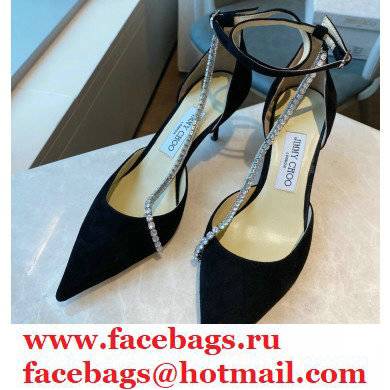 Jimmy Choo Heel 6.5cm TALIKA Pumps Suede Black with Ankel Strap and Crystal Chain 2021