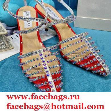Jimmy Choo Heel 6.5cm Thu Crystal Stud Point Toe Sandals Red 2021 - Click Image to Close