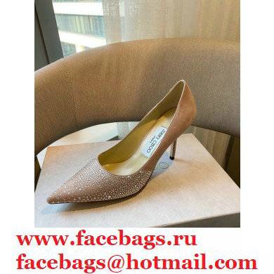 Jimmy Choo Heel 8.5cm Love Pumps Crystal Covered Suede Nude Pink 2021 - Click Image to Close