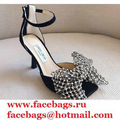 Jimmy Choo Heel 8.5cm MANA Sandals Suede Black with Crystal Bow Clasp 2021 - Click Image to Close