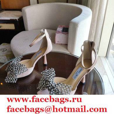 Jimmy Choo Heel 8.5cm MANA Sandals Suede Nude with Crystal Bow Clasp 2021 - Click Image to Close
