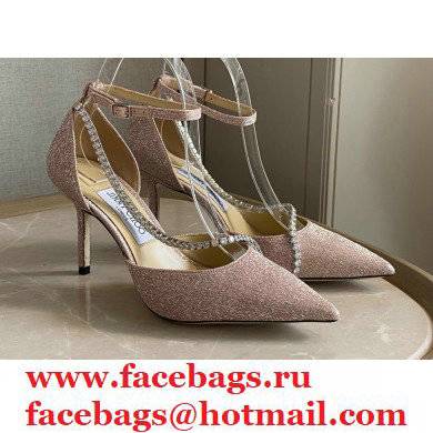 Jimmy Choo Heel 8.5cm TALIKA Pumps Glitter Pink with Ankel Strap and Crystal Chain 2021 - Click Image to Close