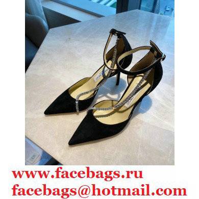 Jimmy Choo Heel 8.5cm TALIKA Pumps Suede Black with Ankel Strap and Crystal Chain 2021 - Click Image to Close