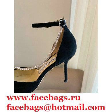 Jimmy Choo Heel 8.5cm TALIKA Pumps Suede Black with Ankel Strap and Crystal Chain 2021
