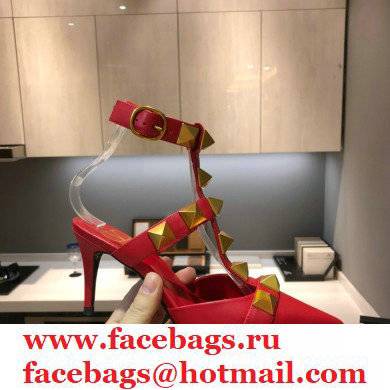 Valentino Heel 8cm Calfskin Roman Stud Pumps Red 2021 - Click Image to Close