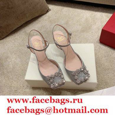 roger vivier 6.5CM HEEL Flower Strass Buckle Sandals in Satin silver