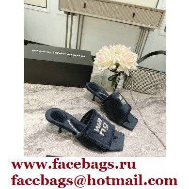 Alexander Wang Heel 5.5cm Jessie Padded Velour Crystal Logo Slide Sandals Black 2021