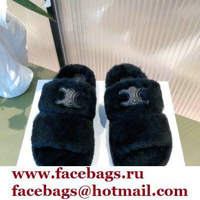 Celine Fur Triomphe Open Slides in Shearling Black 2021 - Click Image to Close