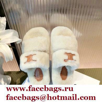 Celine Fur Triomphe Open Slides in Shearling White 2021 - Click Image to Close