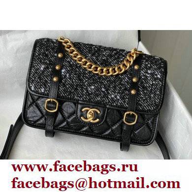 Chanel Aged Calfskin and Tweed Vintage Messenger Small Flap Bag AS2696 Black 2021