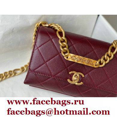Chanel Logo Plate Grained Calfskin Mini Flap Bag AS2711 Burgundy 2021
