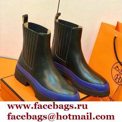 Hermes Barque Ankle Boots Black/Blue Handmade - Click Image to Close