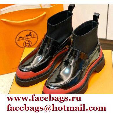 Hermes Heel Brushed Leather Ankle Boots Black/Red Handmade