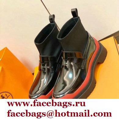 Hermes Heel Brushed Leather Ankle Boots Black/Red Handmade