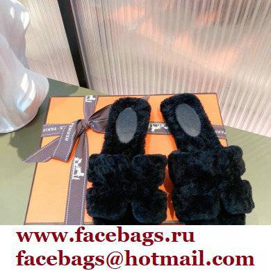 Hermes Shearling Woolskin Oran Sandals Black 2021