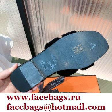 Hermes Shearling Woolskin Oran Sandals Black 2021