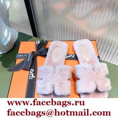 Hermes Shearling Woolskin Oran Sandals Light Pink 2021