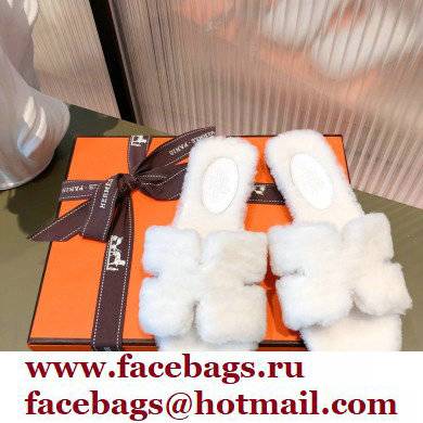 Hermes Shearling Woolskin Oran Sandals White 2021