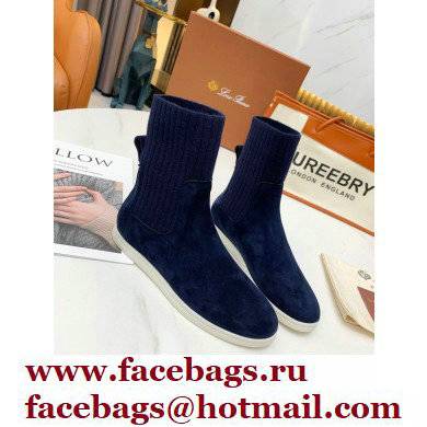 Loro Piana Knit Cocoon Suede Walk Ankle Boots Navy Blue