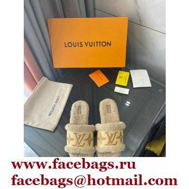 Louis Vuitton Shearling and Raffia Lock It Flat Mules Beige 2021 - Click Image to Close