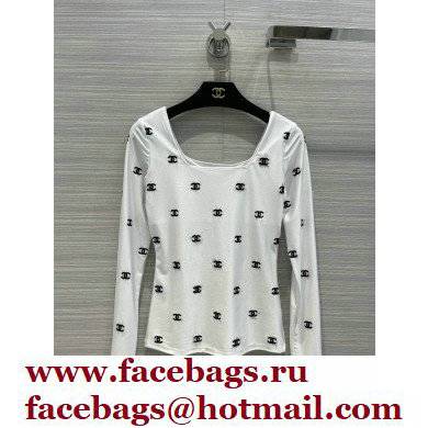chanel logo embroidery U-neck shirt white 2021 - Click Image to Close