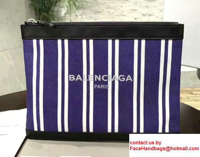 Balenciaga Navy Striped Canvas Clip Clutch Pouch Medium Bag Blue 2017