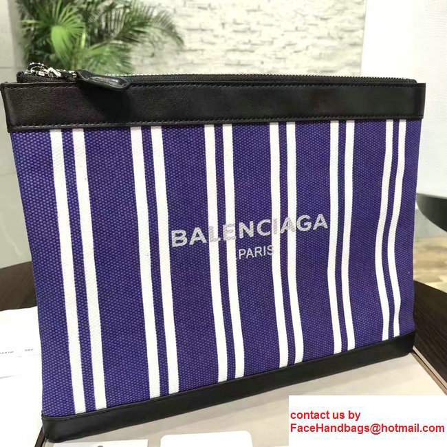 Balenciaga Navy Striped Canvas Clip Clutch Pouch Medium Bag Blue 2017 - Click Image to Close