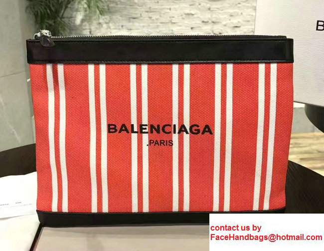 Balenciaga Navy Striped Canvas Clip Clutch Pouch Medium Bag Red 2017