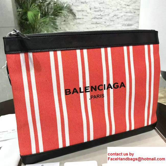 Balenciaga Navy Striped Canvas Clip Clutch Pouch Medium Bag Red 2017