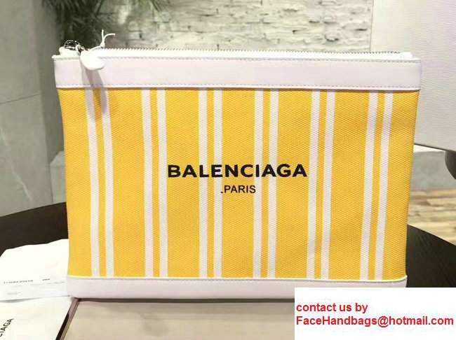 Balenciaga Navy Striped Canvas Clip Clutch Pouch Medium Bag Yellow 2017 - Click Image to Close