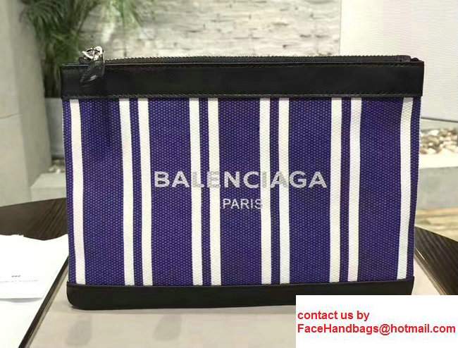 Balenciaga Navy Striped Canvas Clip Clutch Pouch Small Bag Blue 2017