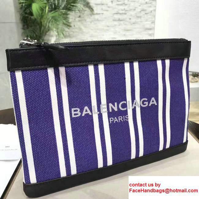 Balenciaga Navy Striped Canvas Clip Clutch Pouch Small Bag Blue 2017