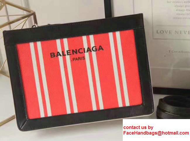 Balenciaga Navy Striped Canvas Summer Clutch Bag with Strap Red 2017