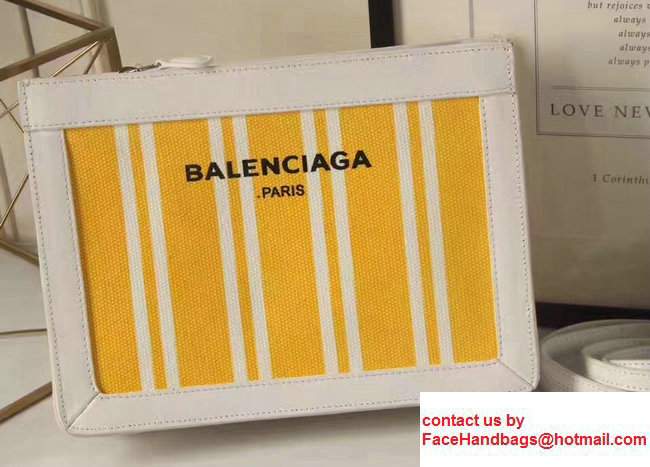 Balenciaga Navy Striped Canvas Summer Clutch Bag with Strap Yellow 2017