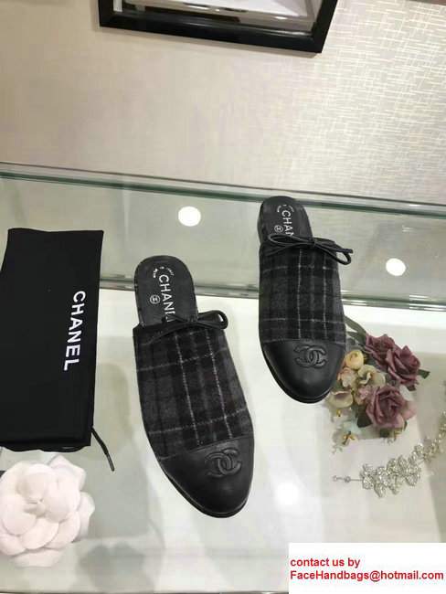 Chanel Bow Tweed/Leather Slipper Sandals Mules Black/Gray 2017 - Click Image to Close