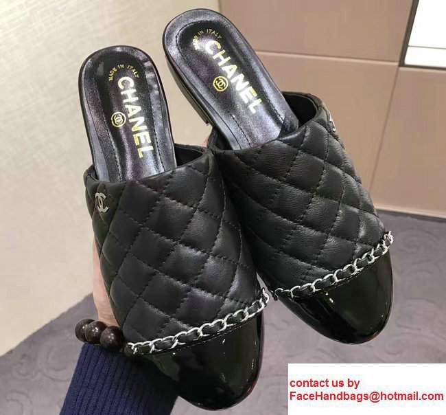 Chanel Chain Quilted Leather Slipper Sandals Mules G32683 Black 2017 - Click Image to Close