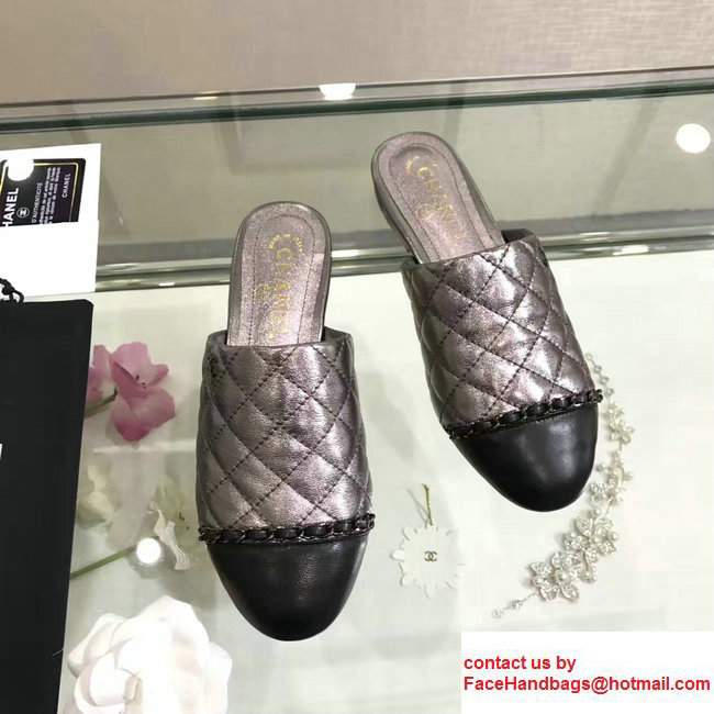 Chanel Chain Quilted Leather Slipper Sandals Mules G32683 Silver Gray 2017