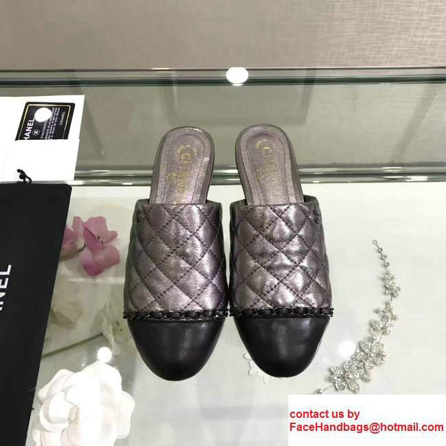 Chanel Chain Quilted Leather Slipper Sandals Mules G32683 Silver Gray 2017 - Click Image to Close