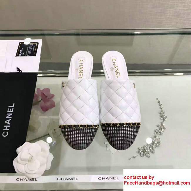 Chanel Chain Quilted Leather Slipper Sandals Mules G32683 White 2017 - Click Image to Close