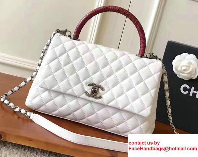 Chanel Coco Top Handle Flap Shoulder Bag Grained Calfskin Lizard Pattern A92991 White/Red 2017 - Click Image to Close