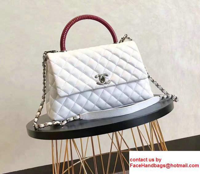 Chanel Coco Top Handle Flap Shoulder Bag Grained Calfskin Lizard Pattern A92991 White/Red 2017 - Click Image to Close