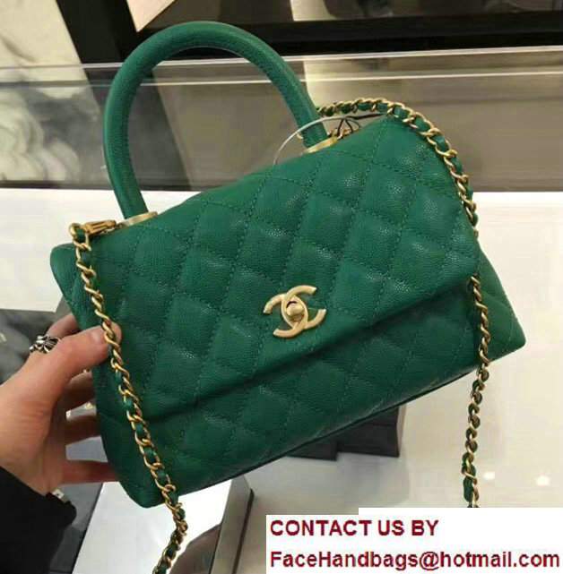 Chanel Coco Top Handle Flap Shoulder Medium/Small Bag Grained Calfskin Green 2017 - Click Image to Close