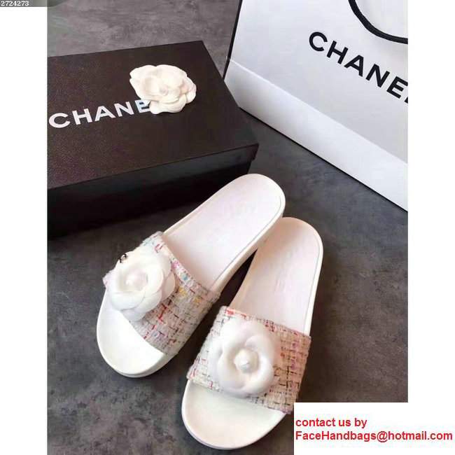 Chanel Flower Tweed Grosgrain Mules White G32787 2017 - Click Image to Close