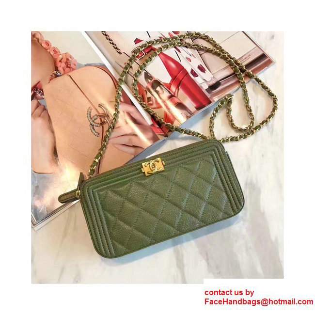 Chanel Grained Calfskin Boy Double Zipped Small Clutch Chain Phone Holder Bag A84069 Army Green 2017 - Click Image to Close