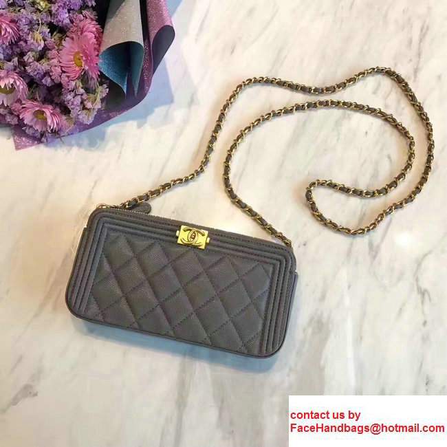 Chanel Grained Calfskin Boy Double Zipped Small Clutch Chain Phone Holder Bag A84069 Gray 2017 - Click Image to Close